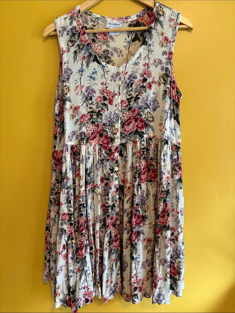 Vintage Nostalgia Cream Floral Button-Front Sundress with Pink & Purple Roses